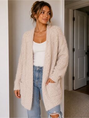 By Together Soft Bouclé Open-Front Cardigan in Cream